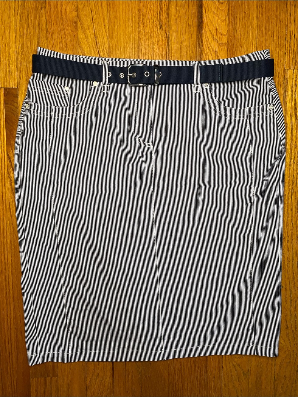 Navy and White Pinstripe Midi Skirt with Belt